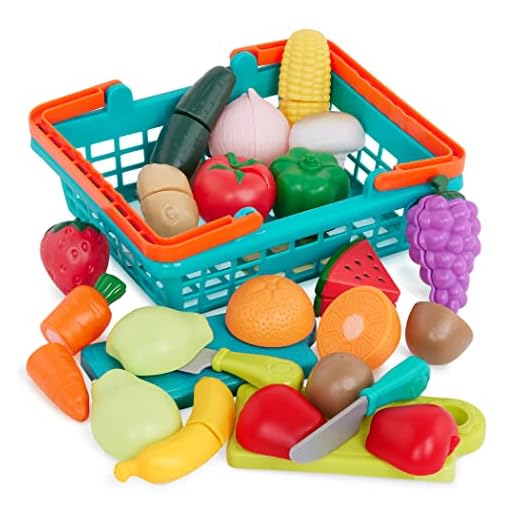 Battat – Farmers Market Basket – Toy Kitchen Accessories – Pretend Cutting Play Food Set for Toddlers 3 Years + (37-Pcs)