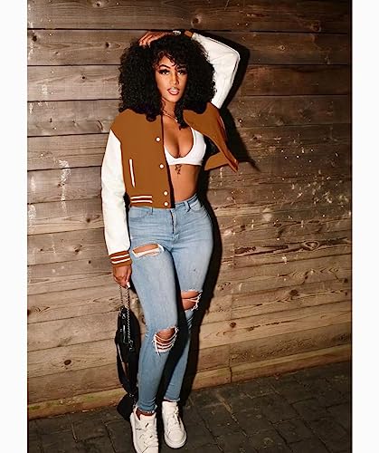 Image of Mintsnow Womens Varsity Jacket Long Sleeve Button Down Bomber Jackets Casual Baseball Uniform Streetwear