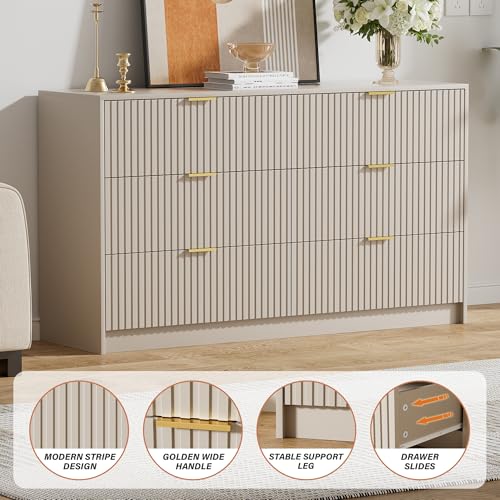 Image of Furniway Beige Dresser Bedroom Set 3 Pieces, Nightstands Sets of 2, 6 Drawer Dresser with Gold Handles for Bedroom