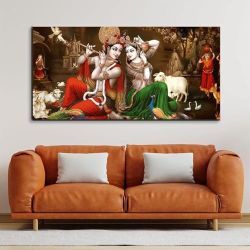 AADEE CRAFT Canvas Paintings For Living Room Bedroom Spiritual Lord Radha Krishna Wall Painting With Wooden Frame Modern Art Colorful Painting Home Decor Hotel Office Size Large Big (48x24 inches)