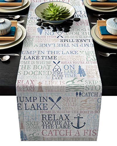 Lake Life Table Runner 13X90Inch Linen Burlap Table Runners Non-Slip Heat Resistant Cloth Placemat Home Decor For Wedding Banquet Party - Colorful Word Pine Tree Boat Paddle Lighthouse Fish Pattern #TOP26