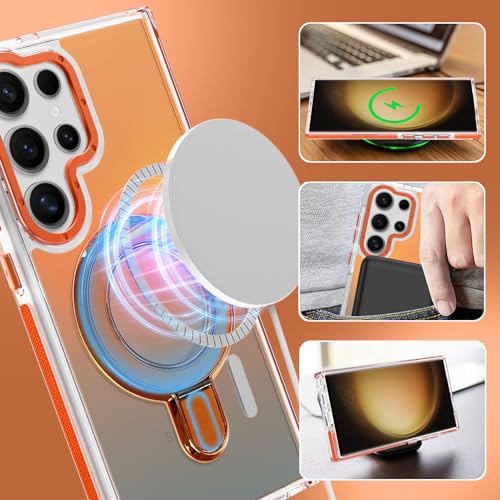 Image of Magnetic for Samsung Galaxy S23 Ultra Case with Stand [Compatible with Magsafe] [Cute Fluorescent Design] [1 Screen Protector] Slim Translucent Matte Case for Galaxy S23 Ultra 6.8 inch, Orange