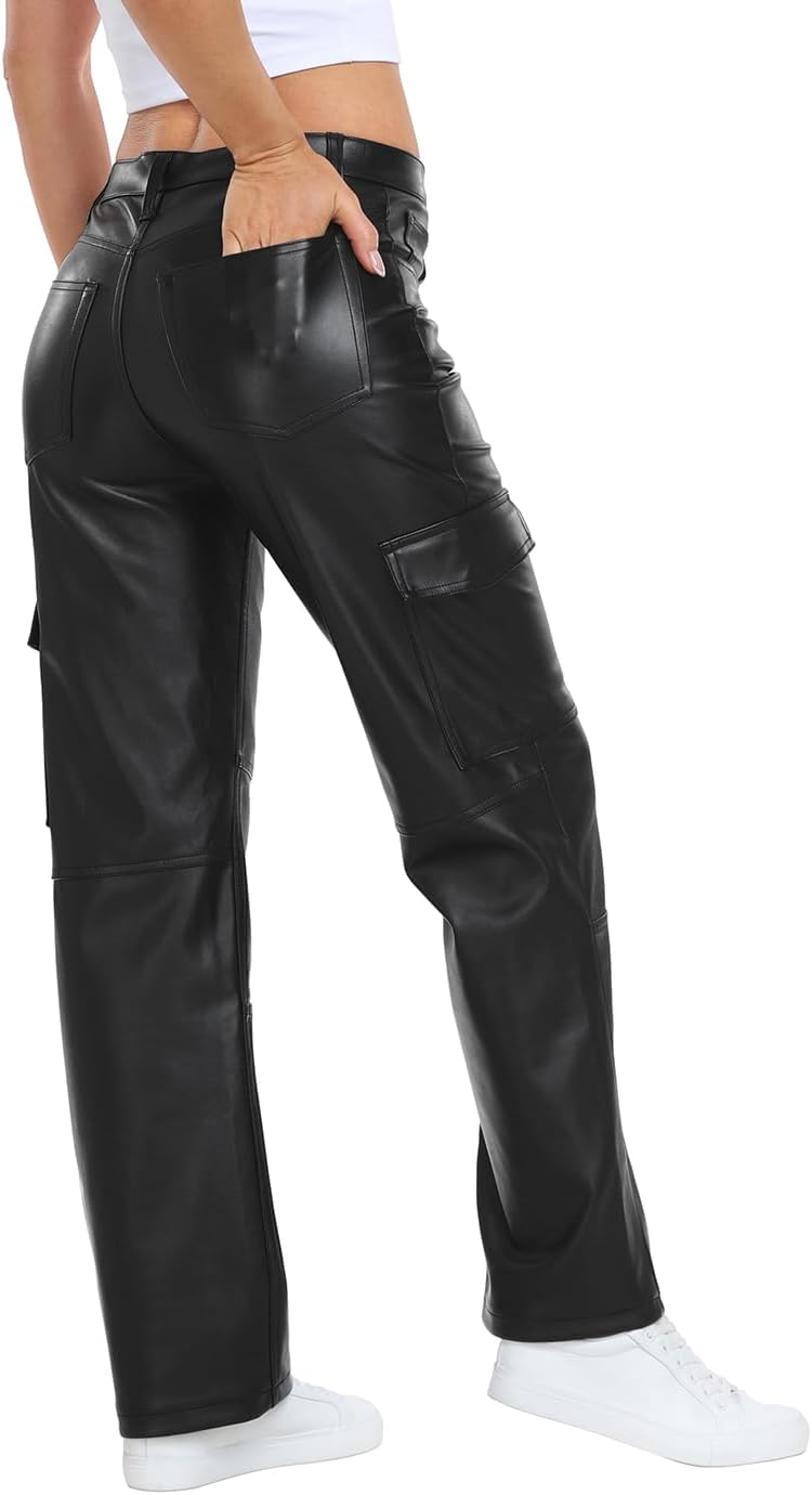 HDE Women's Faux Leather Cargo Pants with Pockets High Waisted Y2K Relaxed Pant - Image 4