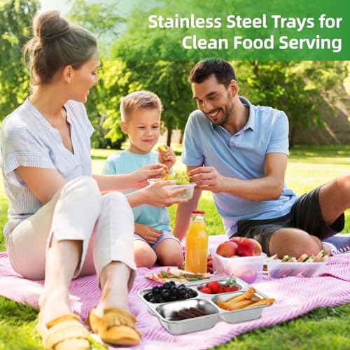 Epicover 3 PCS Stainless Steel Divided Snack Container, 4-Compartment Meal Tray, Quality and Stackable, 9.4 x 6.7 x 1.6 Inches, Ideal for Adults, Microwave Safe, Modern Minimalist Design