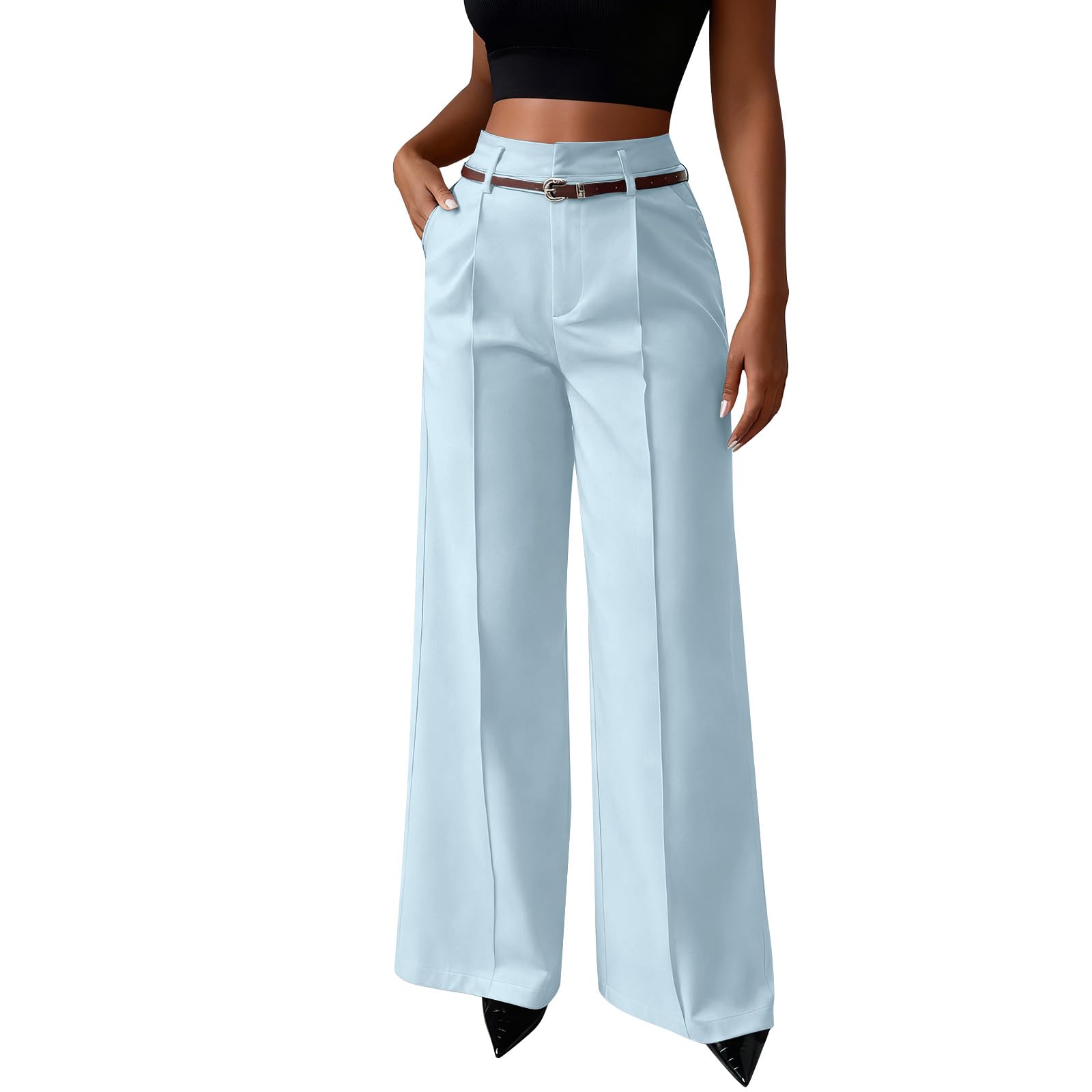 Wide Leg Palazzo Pants for Women Dressy High Waisted Comfy Work Pants Flowy Business Casual Slacks Loose Trousers