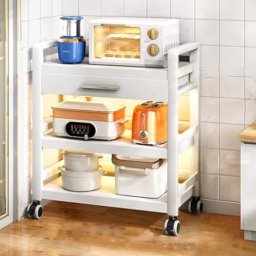 Estante para horno microondas con cajón, estante de almacenamiento de metal para el hogar, cocina, salón, pasillo, color blanco, 50 x 39 x 30 cm, ahorra espacio