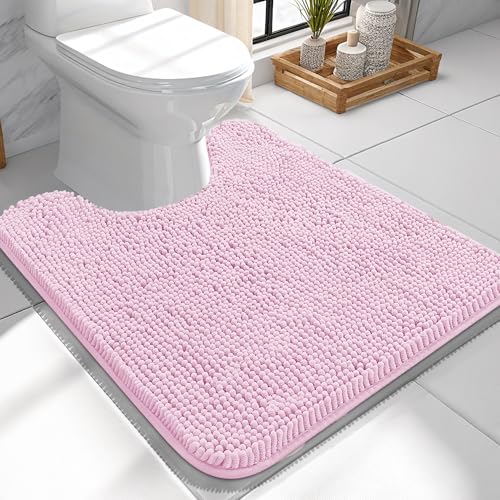 Image of OLANLY Toilet Rugs U-Shaped 24x24, Extra Soft Absorbent Chenille Contour Bathroom Rugs for Toilet, Dry Quickly, Machine Washable, Non-Slip Bath Mat, Pink