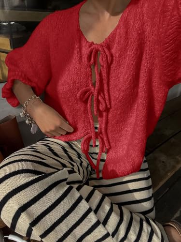 Image of Saodimallsu Womens Tie Front Bow Cardigan Sweaters Lightweight Knit Ruffle Half Sleeve 2025 Trendy Jacket