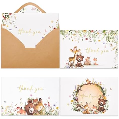 Crisky 50 Pack Woodland Thank You Cards Baby Shower Envelopes and Stickers Gold Foil Woodland Theme for Baby Shower Birthday Party Supplies 4×6 inch Cover
