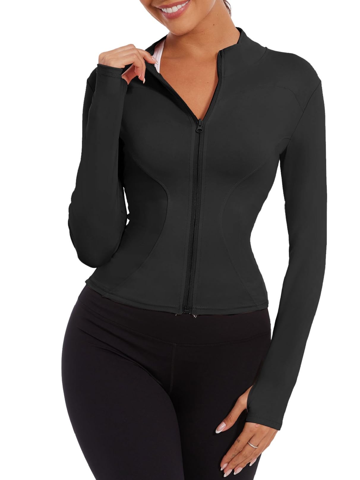 Yutdeng Chaqueta Running Mujer Sudadera con Cremallera Chaqueta Deportiva Manga Larga Secado Rápido Transpirable Ropa Deportiva Mujer Tops Correr Gym Yoga con Agujeros para Pulgar,Negro,S