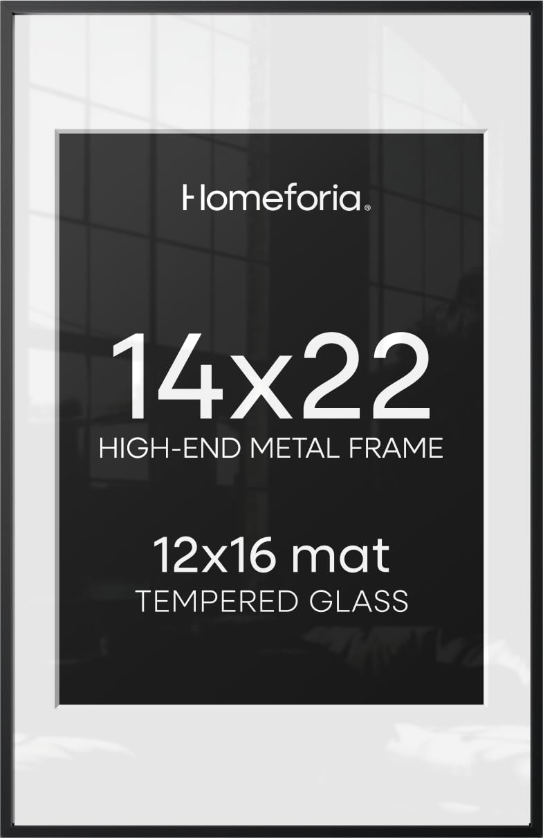 Homeforia 14x22 Black Picture Frame, High-End Metal, 12x16 Mat, Glass