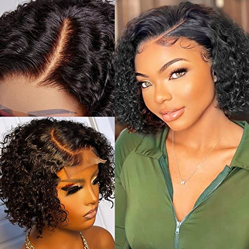 Rulinda 180% Density 6X5X1.25 Inch Large C Part Lace Frontal 8 Inch Short Cut Curly Undetectable Hd Lace Short Curly Bob Wigs Human Hair Glueless Wigs Pre Plucked (8Inches) #TOP13