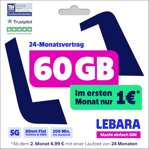 LEBARA Handytarif Hello! 60 | 60 GB Datenvolumen | 5G | 9,99€ mtl. | Allnet-Flat | 200 Auslandsminuten