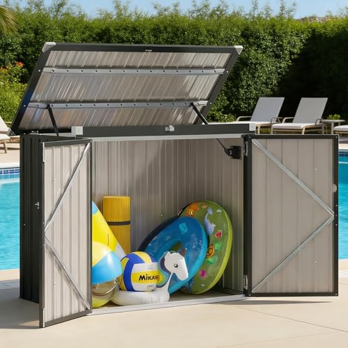 Breezestival Outdoor Trash Can Shed with Pneumatic Support Rod, 5x3 Ft Outdoor Storage Shed w/Lockable Doors & Waterproof Lid Chain, for Patio/Garden/Backyard