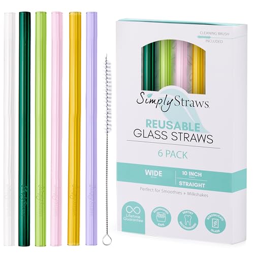 Simply Straws Wide Glass Straws (6-Pack) - 10in x 12mm Reusable Glass Smoothie Straws for Milkshakes, Juices & Slushies, with Cleaning Brush - Dishwasher Safe, Hot & Cold Use, BPA-Free (Meadow)