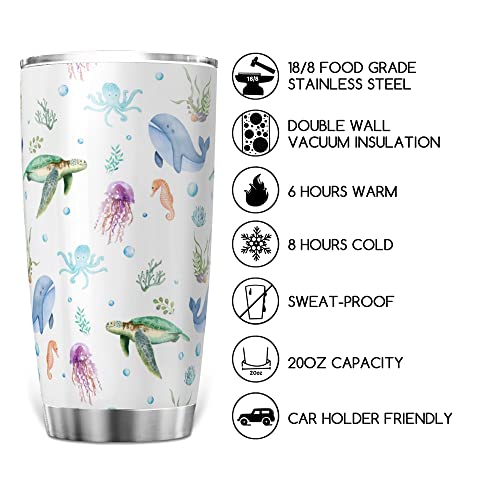 Ynbuyouzhong Colorful Sea Animals 20Oz Tumbler With Lid Ocean Marine Turtle Whale Jellyfish Sea Horse Octopus Weeds Vacuum Insulated Cups Nautical Life Gift Tumbler Travel Coffee Mug #TOP2
