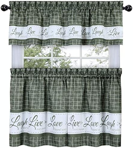 GoodGramCountry Gingham Check Live~Laugh~Love 3 Pc. Café Plaid Kitchen Curtain Set - Assorted Colors & Sizes (Sage, 36 in. L)