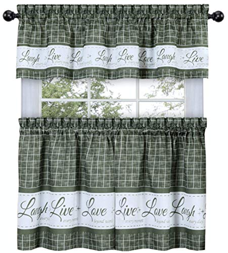 GoodGram Country Gingham Check Live~Laugh~Love 3 Pc. Café Plaid Kitchen Curtain Set - Assorted Colors & Sizes (Sage, 24 in. L)