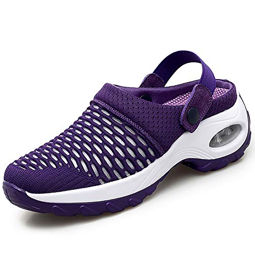 Trsorini Zuecos de mulas para mujer con plataforma de cojín de aire, sandalias de malla para mujer, zapatos ligeros de playa, zapatillas para caminar al aire libre, púrpura (A/Purple), 40 EU