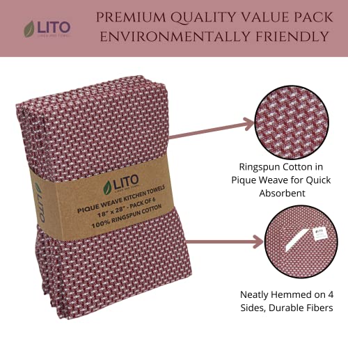 Lito Linen And Towel Kitchen Towels | 100% Cotton Dish Towels Premium Quality | 18"X28" Pique Weave Maroon 6-Pack | Hand Towels, Tea Towels, Dish Cloth| Highly Absorbent Bar Towels #TOP3