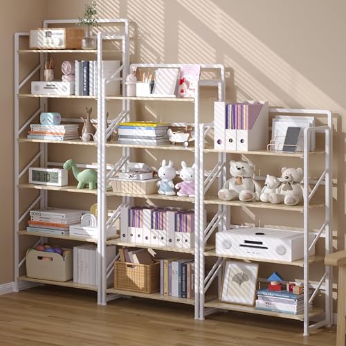 Image of JSB No Assembly Folding Bookshelf, 6 Tier Industrial Metal Book Shelf for Storage, Vintage Wood Foldable Bookcase for Living Room, Bedroom, Office Organization Shelves