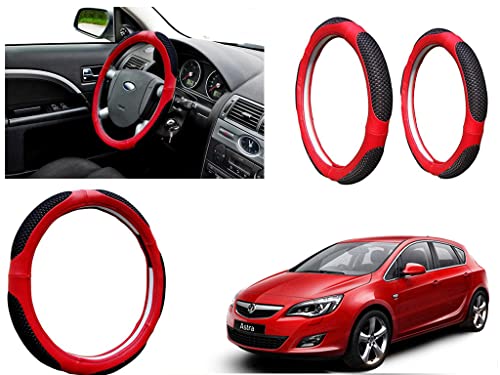 Image of Microfiber Car Steering Wheel Cover, Soft Padding Great Hand Feel, Anti-Slip, Faux Leather Steering Cover for Opel Astra | Black Red Jali - Pack of 1