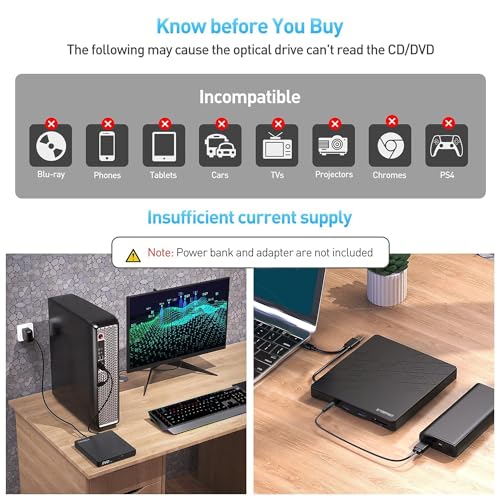 Image of ORIGBELIE External CD DVD Drive - USB 3.0 Type C CD /DVD ROM + /-RW Burner With USB Port for Laptop Desktop Mac OS Win11 /10 /8 /7 /XP Linux Vista - Carry Case Included