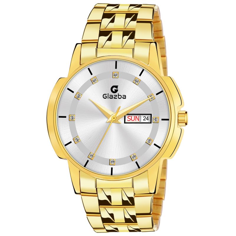 Glazba Mens Stainless Steel Chain Strap Analog Wrist Watch for Boys with Silver Dial and Day Date Aperture Functioning (Golden) (B0CW5TND33) Amazon Price History, Amazon Price Tracker