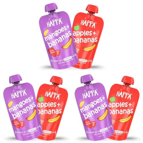 Image of Happa Organic Baby Food Puree | 100% Fruits | No Added Sugar, No Milk Powder, No Preservatives | Stage 3 (6 M+) | Ready to Eat | Free from Common Allergens | Pack of 6 (100g Each)