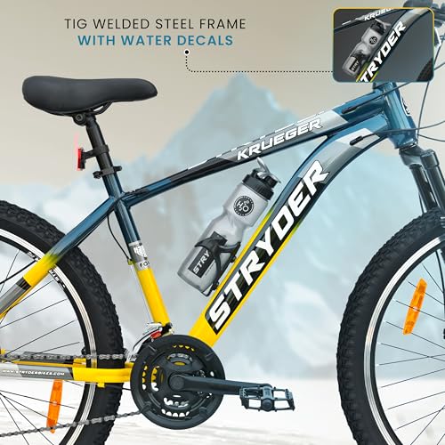 Image of Stryder 26T Krueger 21S Gear Mountain Cycle (Black-Teal Green) - 21-Speed | Front Suspension | Dual Disc Brakes | Steel Frame | Double Wall Alloy Rims | Unisex MTB Bicycle (Blue::Yellow)
