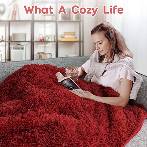 Topblan Sherpa Fleece Weighted Blanket 15Lbs, Reversible Plush Bed Blanket With Luxury Long Fur And Shaggy Sherpa To Help With Better Sleep, 60X80 Inches Wine Red #TOP3
