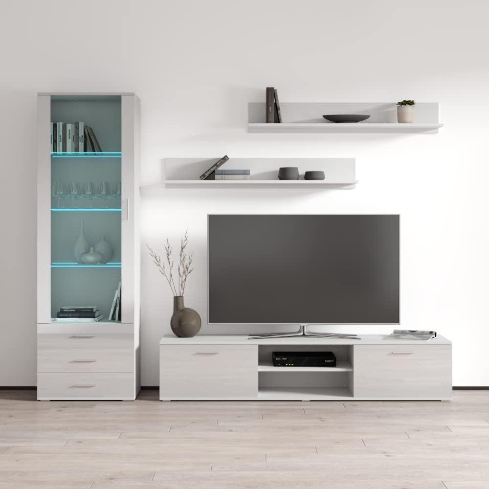 Meble Furniture Soho 1 Modern High Gloss Entertainment Center — Multi-Color LED Lighting — 70.1 x 15.7 x 29.9 in — White