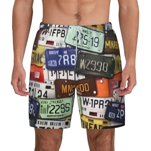 Short de bain respirant et séchage rapide pour homme à motif plaque d'immatriculation rétro