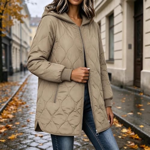 Quilted Jackets for Women Hooded Zip Up Lightweight Puffer Mid Long Coats | Puffer Jacket Womens,Casual Oversized Coat,Long Sleeve Padded Outwear,Fashion Outfits with Pockets,Fall Winter Clothes - image 5