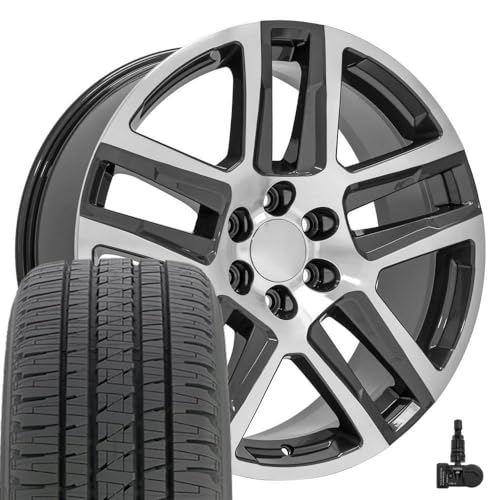OE Wheels CV63 22 Inch Rims and Tires Fit Silverado 1500 Z71 Style 6x139.7 22x9 Gloss Gunmetal Machined - Hollander 5913 - Dueler H/L Alenza 285/45-22 (Set of 4)