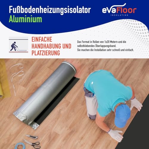 EVAFLOOR Pack 2 Aluminium Trittschalldämmung Laminat für Fußbodenheizung 1x20 Meter | Laminat Unterlage | Trittschalldämmung 2mm Hergestellt aus EVA + Aluminiumschicht | Mit Klebestreifen