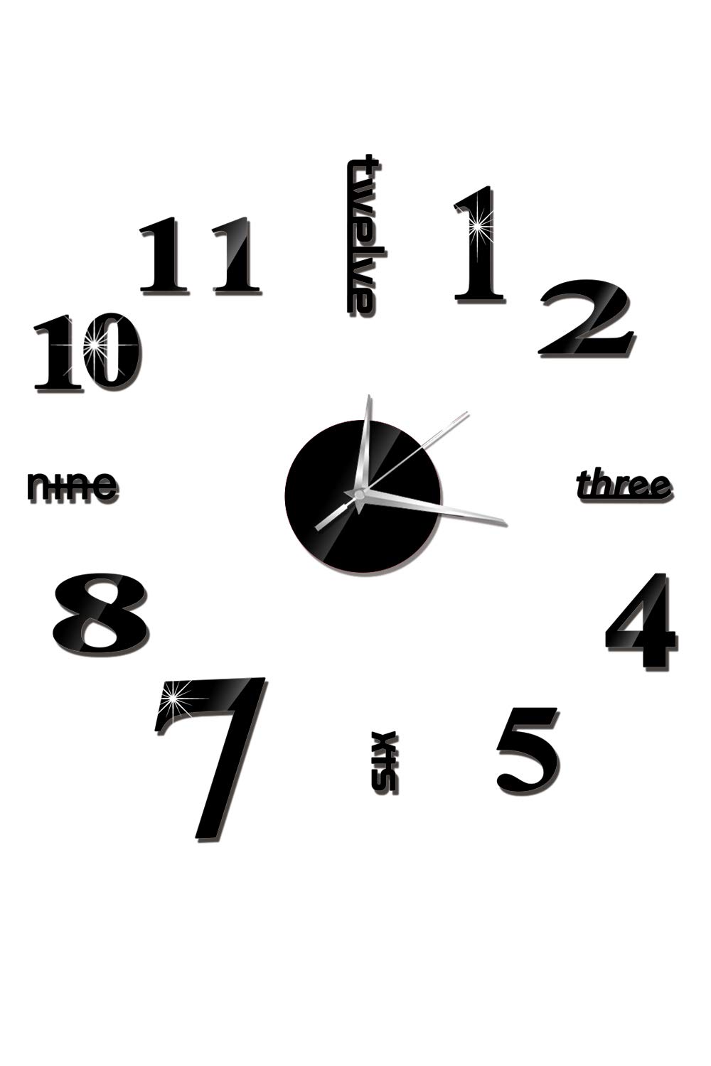 SMTD English and Chinese Numbers DIY Mirror Wall Sticker Dining Room&Kitchen 3D Frameless Removable Large Wall Clock Personalized Silent Clocks (Battery NOT Included) Black