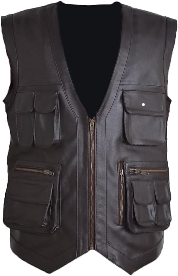 A-star plus Men's J World's Chris Pratt Owen Grady Brown Vest JW Adventure Motorcycle Leather Biker Vest (US, Alpha, X-Large, Regular, Regular, Brown)
