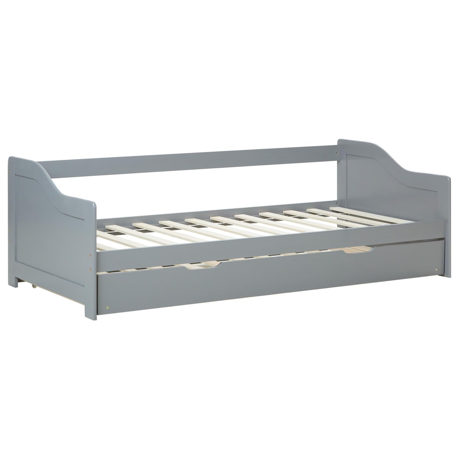 Homestyle4u Kinderbett 90x200 ausziehbar mit Schublade & 2 Matratzen Lattenrost Massivholzbett Kojenbett Gästebett Grau Kiefer massiv Holz