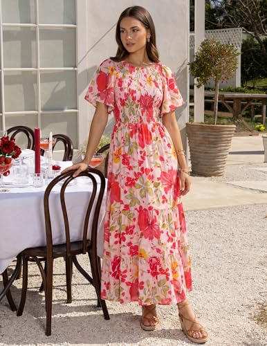 Image of ZESICA Women's 2026 Summer Boho Floral Maxi Dresses Casual Short Flutter Sleeve Smocked Tiered Flowy Dress