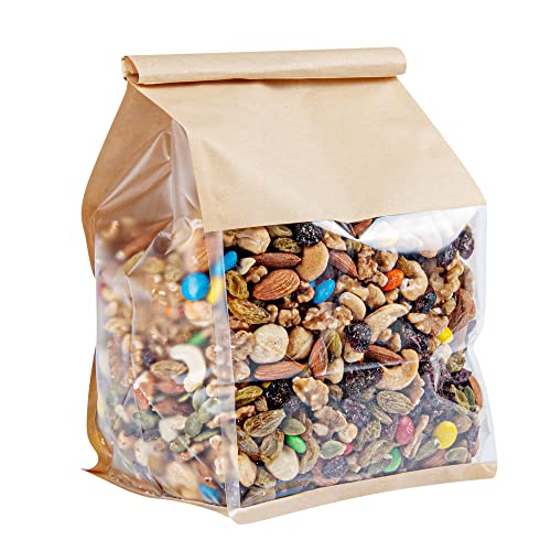 Restaurantware-Bag Tek 6.3 x 5.1 x 10.2 Inch Tin Tie Bags With Windows, 100 Resealable Bakery Bags With Windows - Flat Bottom, For Cookies or Coffee Beans, Kraft Cotton Paper Tin Tie Bags