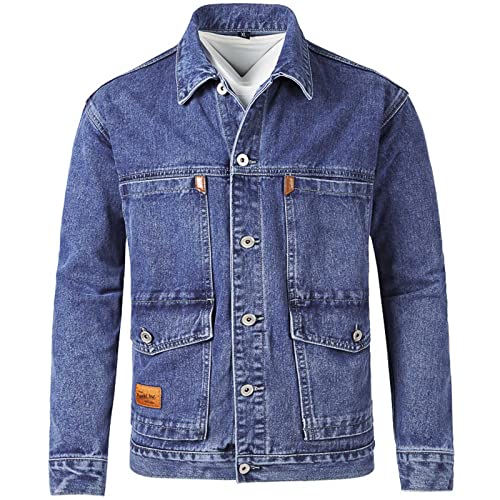 Hoksml Jean Jacket For Men Lapel Collar Button Down Multi-Pocket Washed Distressed Denim Trucker Coat Motorcycle Outerwear Rain Jacket Men Mens Fleece Jacket Black Jacket Men #TOP1