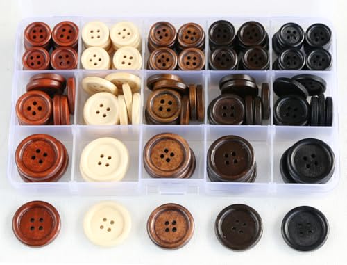 GANSSIA 170pcs 5 Colors Assorted Wooden Buttons 0.6 0.8 1 Inch Beige Brown Black 4 Holes Mix Wood Button for Sewing Garments DIY Crafts Scrapbooking with Box
