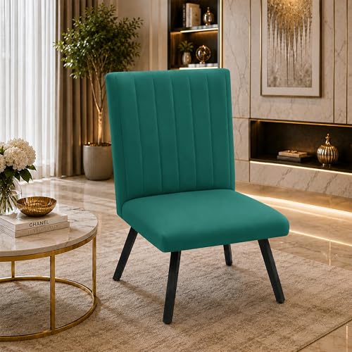 Image of Modern Velvet Accent Chair for Living Room | Upholstered Single Seater Chair with Metal Legs | Comfortable Seating for Bedroom, Office & Guest Room - Green