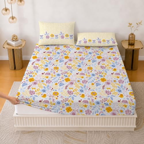Image of Jaipur Weaves King Size Elastic Fitted Bedsheet,100% Pure Cotton King Size Fitted Bedsheet for Double Bed with 2 Pillow Covers, 240 TC, 72x78 Inches up to 8-inch Mattress, Floral(Sunny Floral Delight)