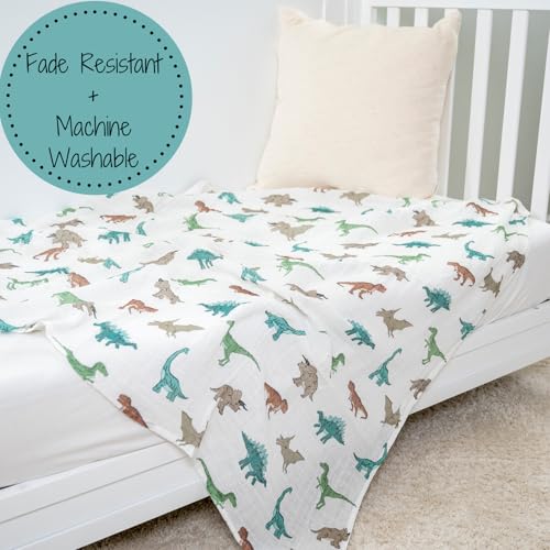 Image of LollyBanks Baby Blanket, 100% Cotton Muslin Swaddle Blankets for Boys, Large 47 x 47 Inches Newborn Blanket, Soft and Breathable Receiving Blankets, Baby Essentials, Registry (Dinosaur Print)