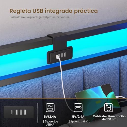 Miniatura 5 de Dictac Sofá Cama De 90 X 190 Con Iluminación Led Y Toma Usb, Estructura De Cama De 90x190 Con Somier De Láminas De Metal, Cama Banqueta Con Cama Nido Y Cajones De Almacenamiento Para Niños, Gris