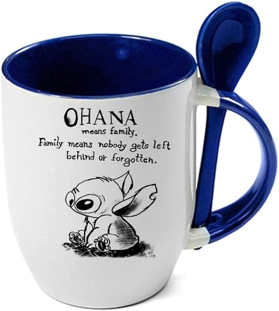 Ohana Means Family Stitch Coffee Tea Cocoa Soup Daily use Mug Birthday Gift Party gage Keepsake C Handle Unique Ceramic Cup Mug. (Blue Spoon)