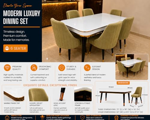 Image of WOODEN SPACE 6-Seater Wooden Dining Table Set | Nano Composite Marble Top | Solid Wood Base | Modern Dining Room Furniture with 6 Chairs (Light Green Infinity Backline)