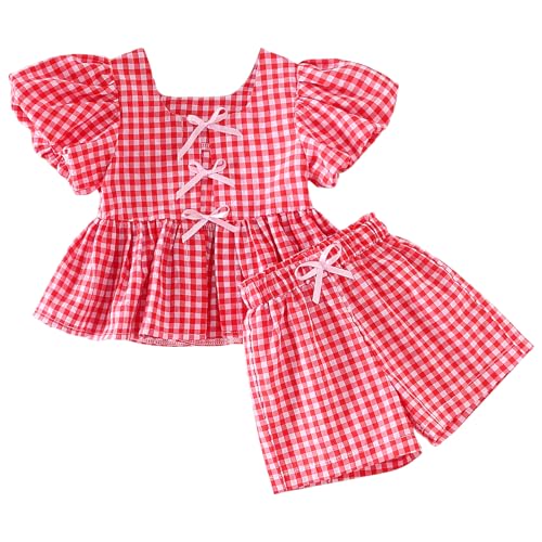 Image of Thorn Tree Toddler Girl Clothes Set Ruffle Sleeve Hem Top Cardigan Elastic Waist Shorts Plaid Printed Summer 2Pcs Outfits